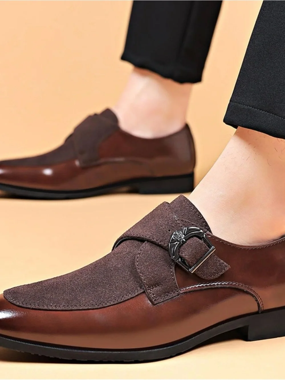 Brown Men's Leather & Suede Monk Strap Dress Shoes